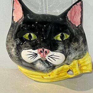 Vintage Ceramic Cat String & Scissor Holder Dispenser. Black Cat. Kitsch